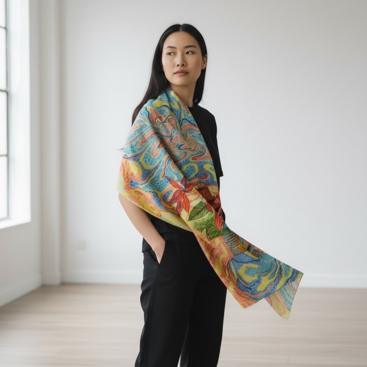 Ramie scarf hand-painted with The Khue Van Pavilion 70*190cm